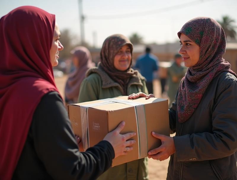 Humanitarian aid workers distributing emergency supplies to displaced families