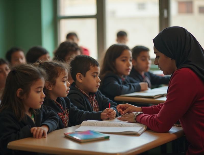 Refugee children receiving education in temporary school facilities